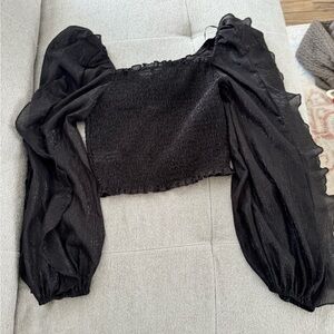 HYFVE Black Puff Sleeve Smocked Crop Blouse